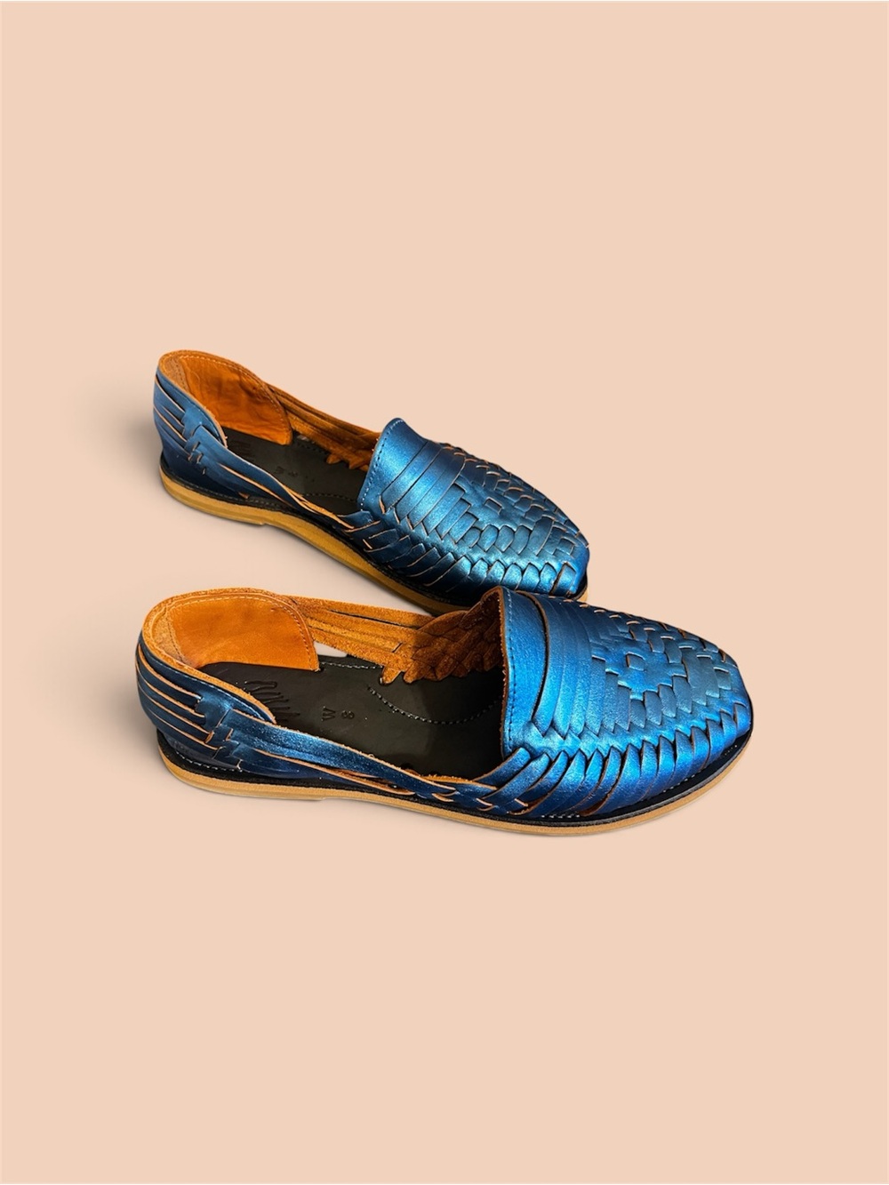 Woven Leather Slip-On Flats in Metallic Blue